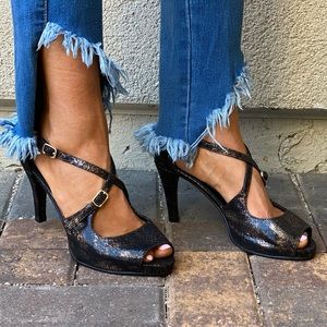 Black Bronze Snake Print Peep Toe High Heel Pump
